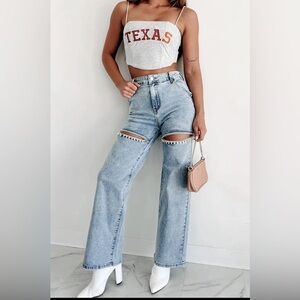 Wide Leg Jeans Rhinestones Cutout High Waist Denim trousers